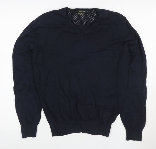 Massimo Dutti Women's Blue V-Neck Cotton Cashmere Jumper Size M