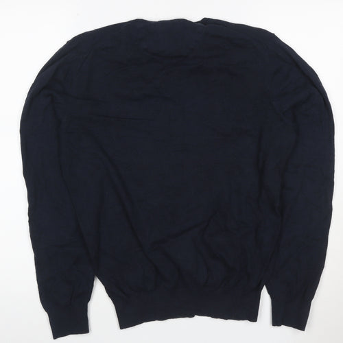 Massimo Dutti Women's Blue V-Neck Cotton Cashmere Jumper Size M