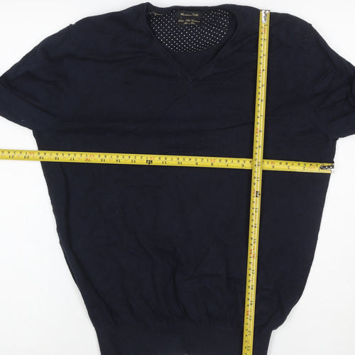 Massimo Dutti Women's Blue V-Neck Cotton Cashmere Jumper Size M