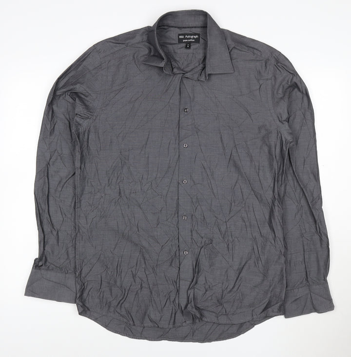 Marks and Spencer Autograph Grey Pure Cotton Men's 16 Regular Fit Long Sleeve Shirt