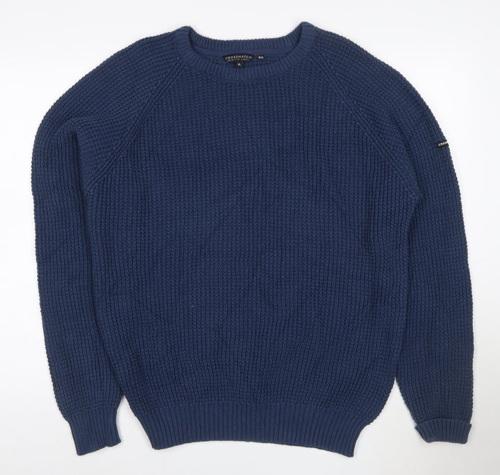 Crosshatch Men's Blue XL Waffle-Knit Crew Neck Jumper