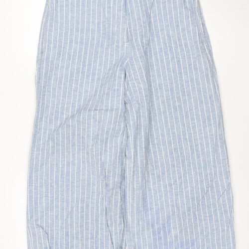 Warehouse Women Blue Striped Linen Blend Wide-Leg Trousers UK 12