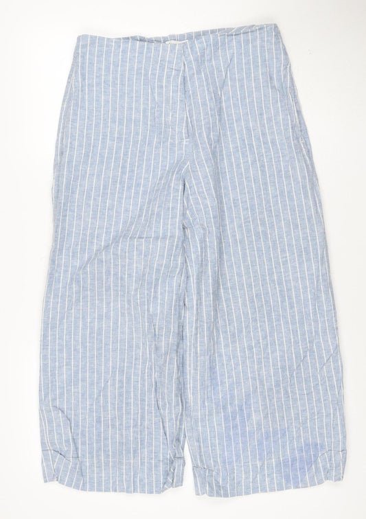 Warehouse Women Blue Striped Linen Blend Wide-Leg Trousers UK 12