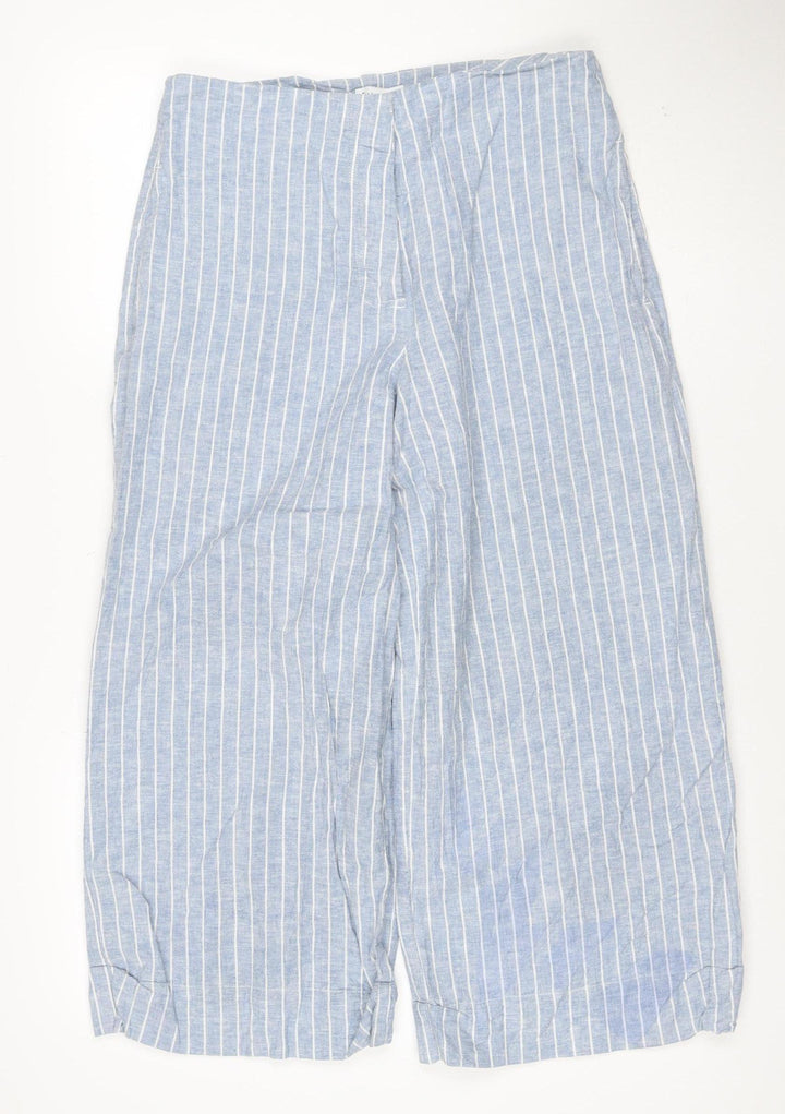Warehouse Women Blue Striped Linen Blend Wide-Leg Trousers UK 12