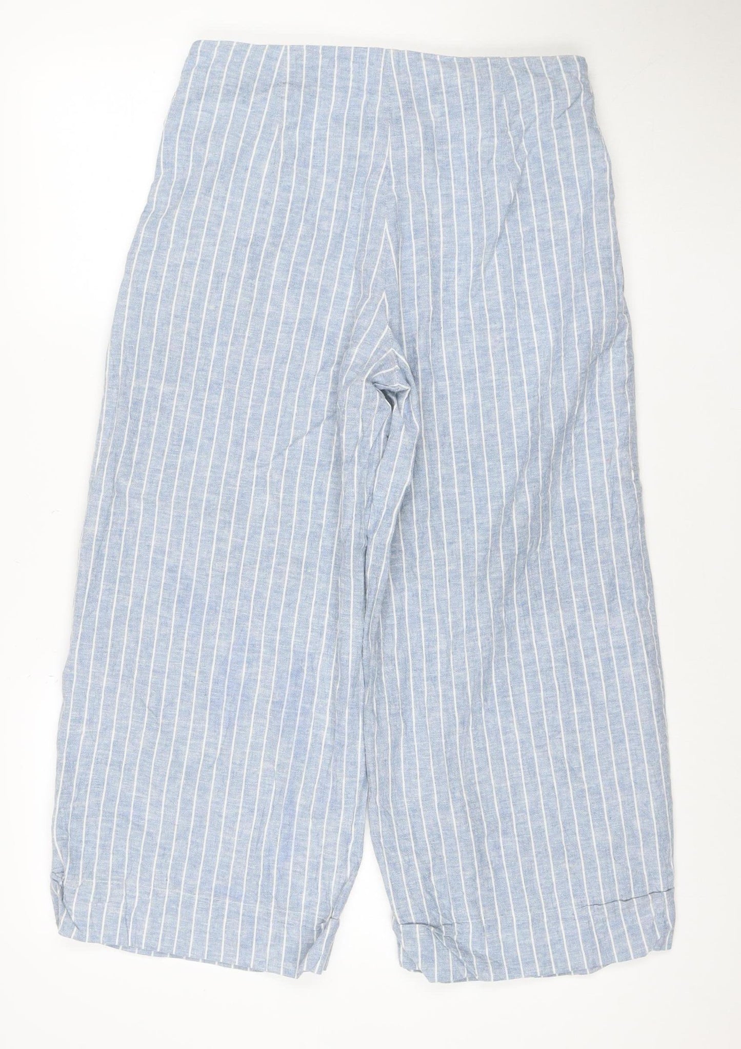 Warehouse Women Blue Striped Linen Blend Wide-Leg Trousers UK 12