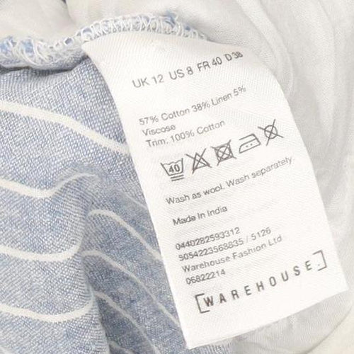 Warehouse Women Blue Striped Linen Blend Wide-Leg Trousers UK 12