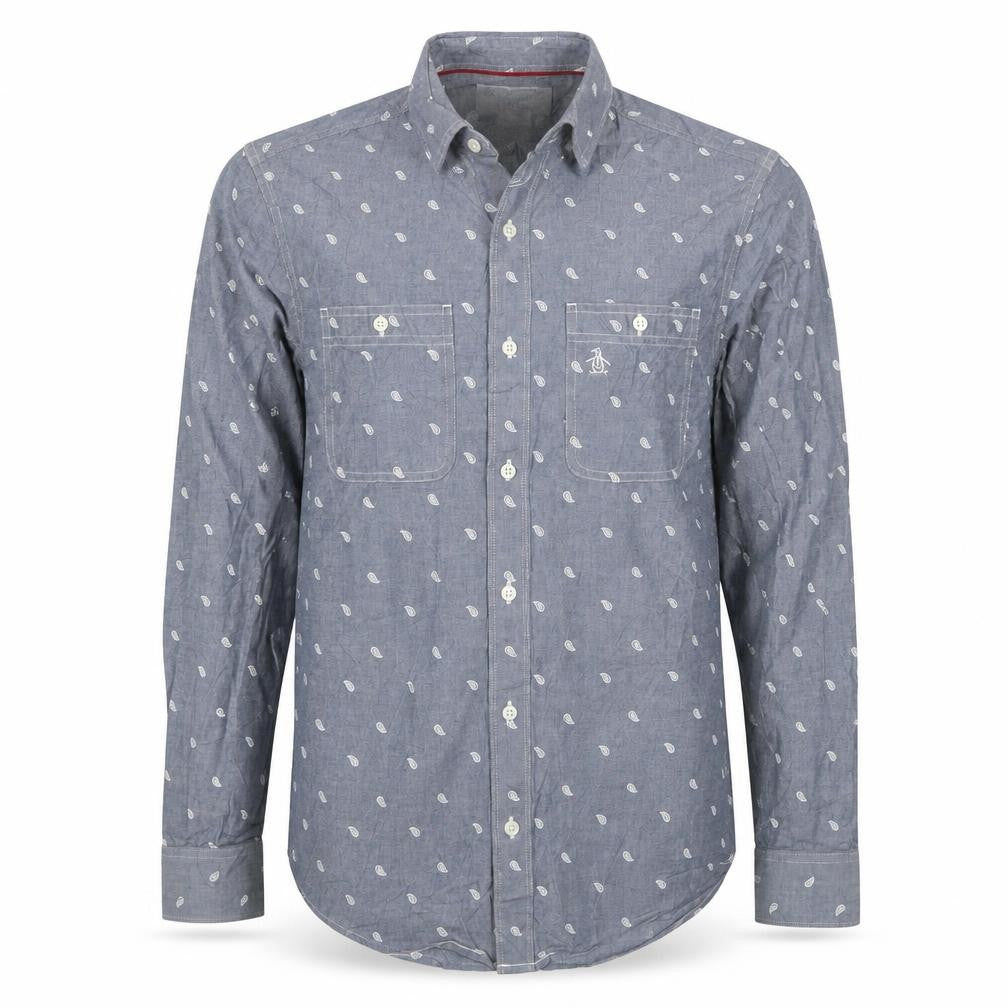 Front view of Original Penguin Blue Paisley men’s button-up shirt, size S