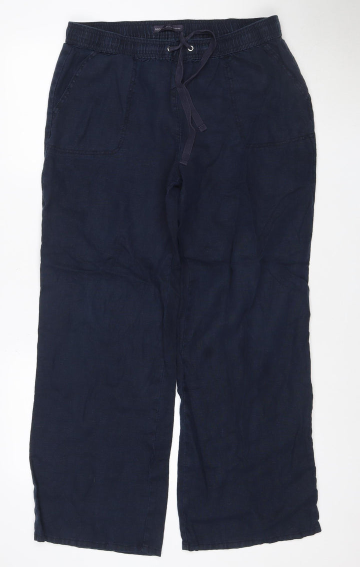Marks and Spencer Women’s Blue Linen Relaxed Wide Leg Trousers Size 14
