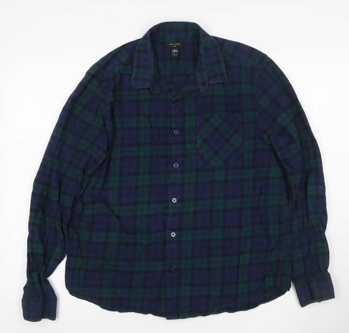 New Look Men Blue Check Cotton Flannel Long Sleeve Shirt Size L