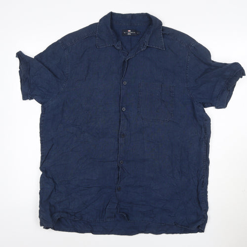 Marks and Spencer Blue Harbour Men's Blue Linen Short Sleeve Shirt L