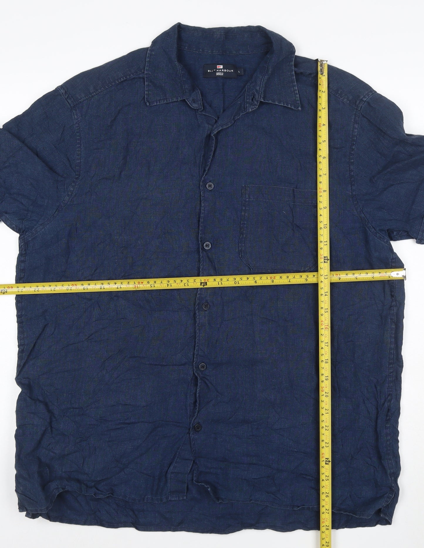Marks and Spencer Blue Harbour Men's Blue Linen Short Sleeve Shirt L