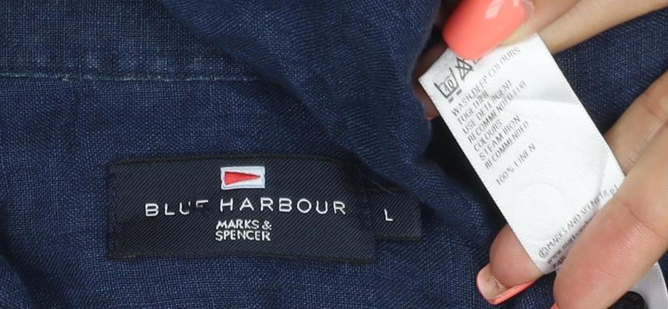 Marks and Spencer Blue Harbour Men's Blue Linen Short Sleeve Shirt L