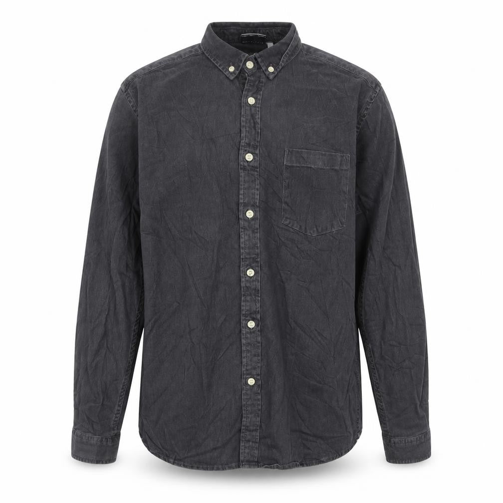 Front view of ASOS Design Men's Grey Cotton Long Sleeve Button-Up Shirt, size L