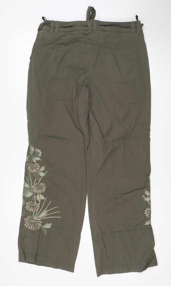 Marks and Spencer Women Khaki Embroidered Cotton Cargo Trousers UK 14