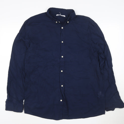 ZARA Men Blue Cotton Button-Down Long Sleeve Casual Shirt XL
