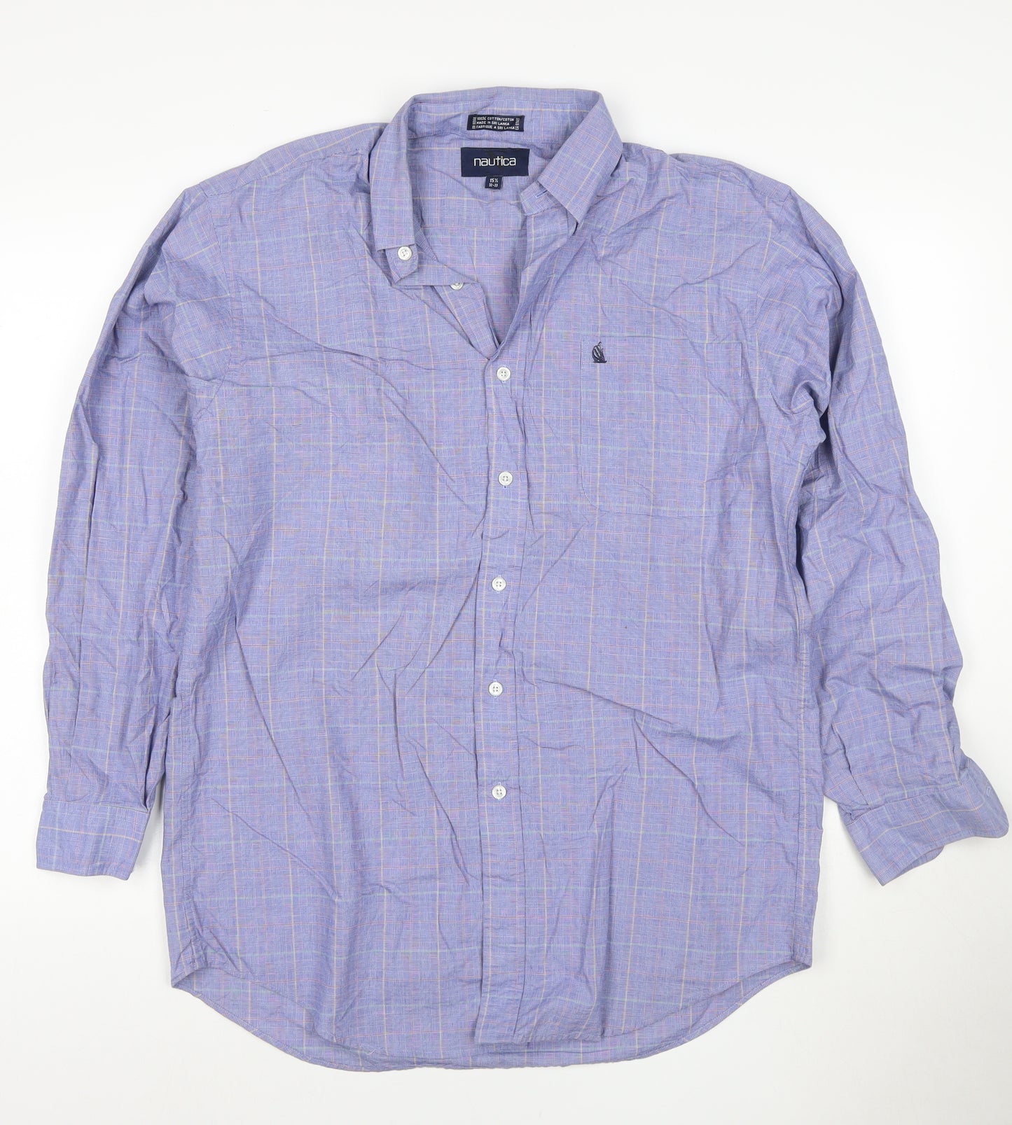Nautica Men's Blue Check 15.5 Button-Down Long Sleeve Cotton Shirt