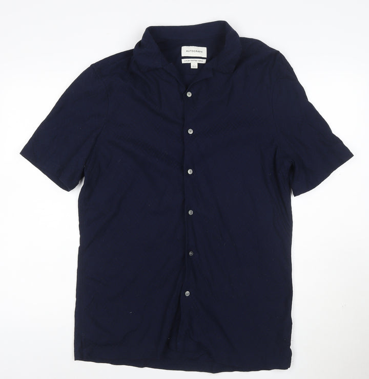 Marks and Spencer Autograph Men's Blue L Short Sleeve Cotton Button-Up Shirt