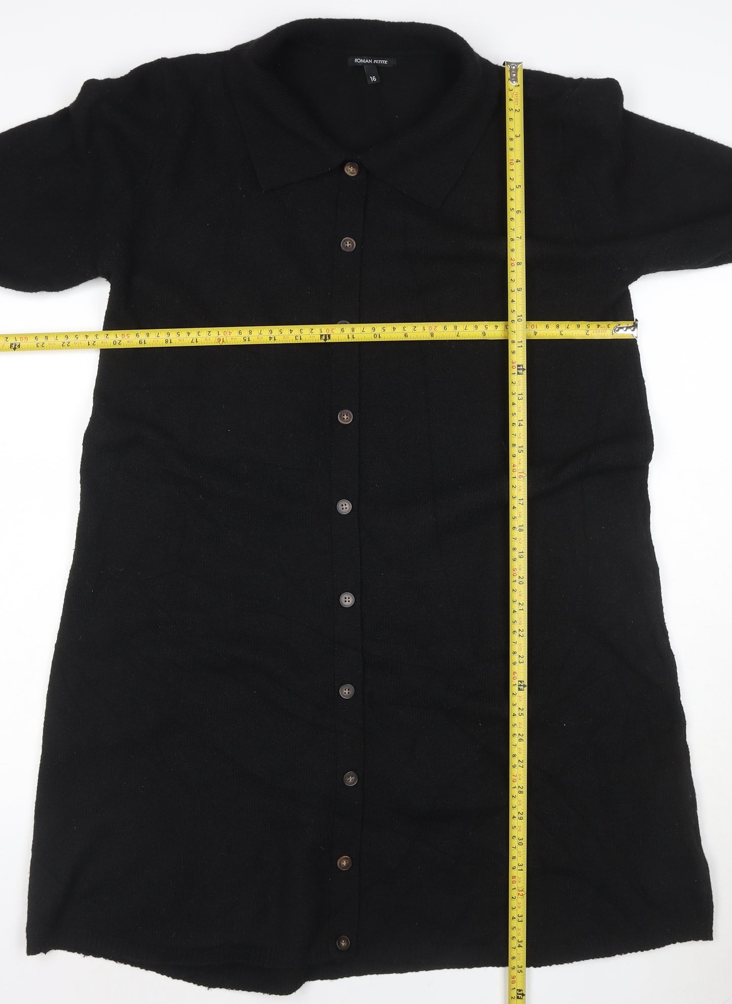 Roman Petite Black Knit Collared Button Knee Length Shirt Dress Size 16