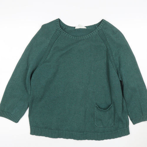 Seasalt Women Green Organic Cotton Crew Neck 3/4 Sleeve Jumper Size 16