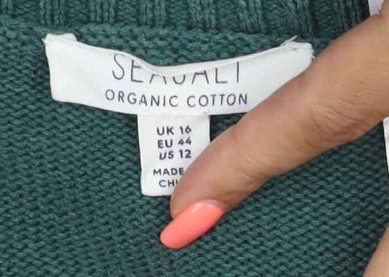 Seasalt Women Green Organic Cotton Crew Neck 3/4 Sleeve Jumper Size 16