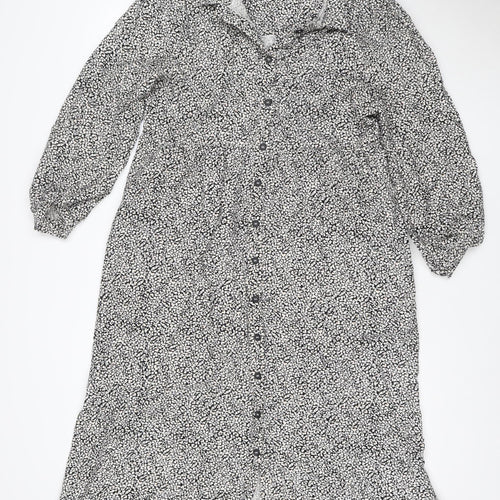 Albaray Womens Black Floral Cotton Long Sleeve Midi Shirt Dress Size 10