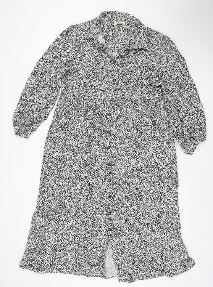 Albaray Womens Black Floral Cotton Long Sleeve Midi Shirt Dress Size 10