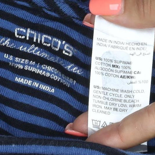Chico's Women's Blue Striped 3/4 Sleeve Cotton Boat Neck Top Size L