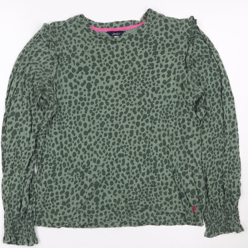 Joules Women Green Animal Print Ruffle Long Sleeve Cotton Blouse UK 6