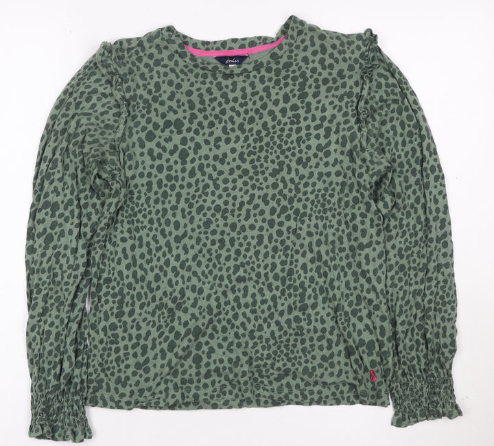 Joules Women Green Animal Print Ruffle Long Sleeve Cotton Blouse UK 6