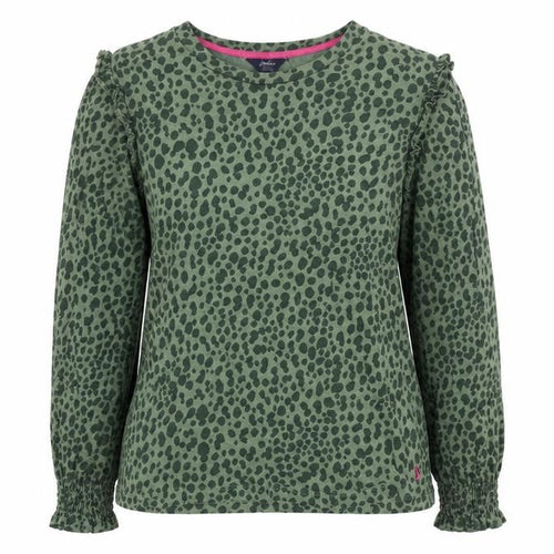 Joules Women Green Animal Print Ruffle Long Sleeve Cotton Blouse UK 6