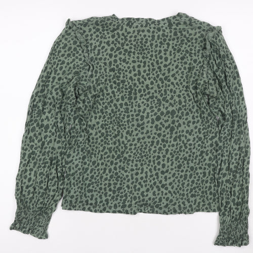 Joules Women Green Animal Print Ruffle Long Sleeve Cotton Blouse UK 6