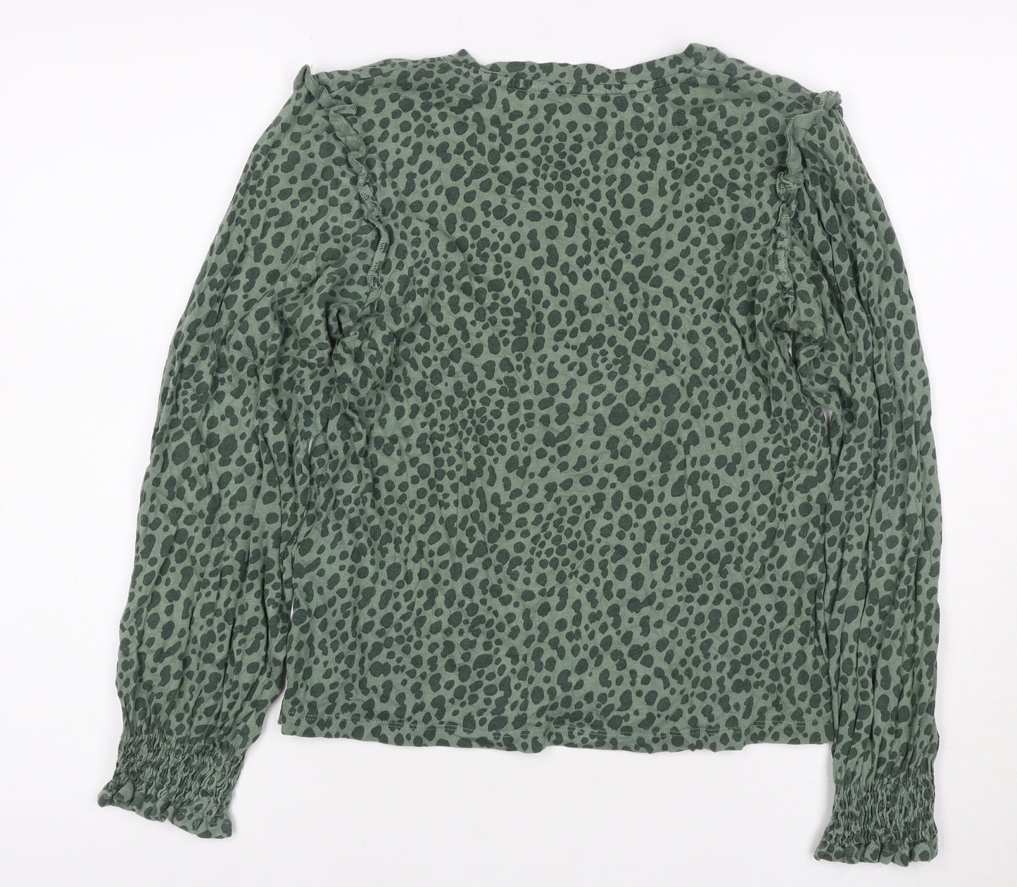Joules Women Green Animal Print Ruffle Long Sleeve Cotton Blouse UK 6