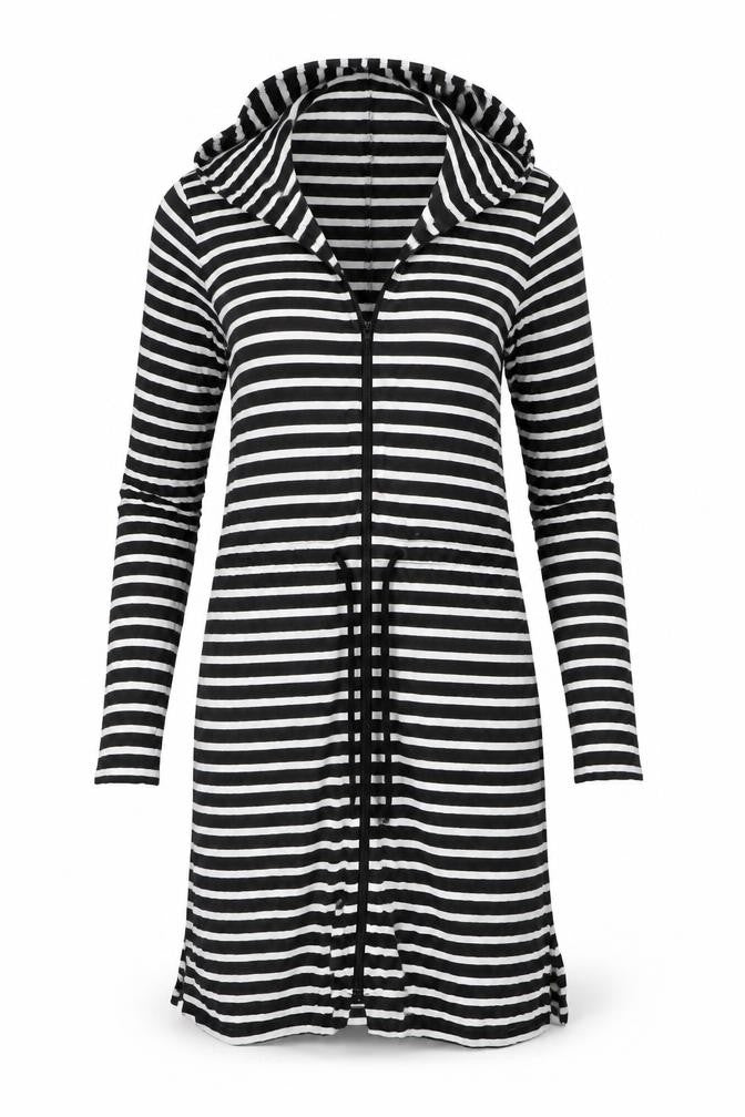 Lands' End Women's Black Striped Cotton Hooded T-Shirt Dress S