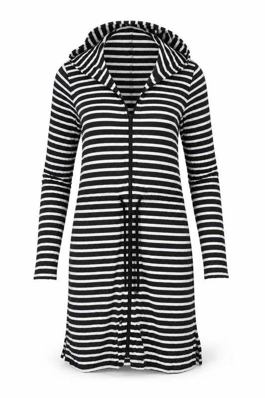 Front view of Lands' End Women's Black Striped Cotton Hooded T-Shirt Dress S