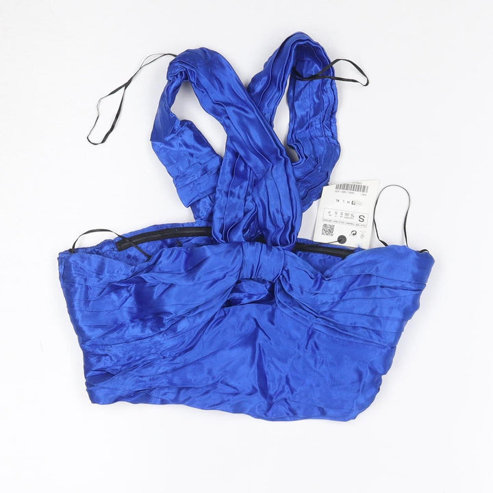ZARA Women Blue Wrap Satin Sleeveless Bow Blouse Size S