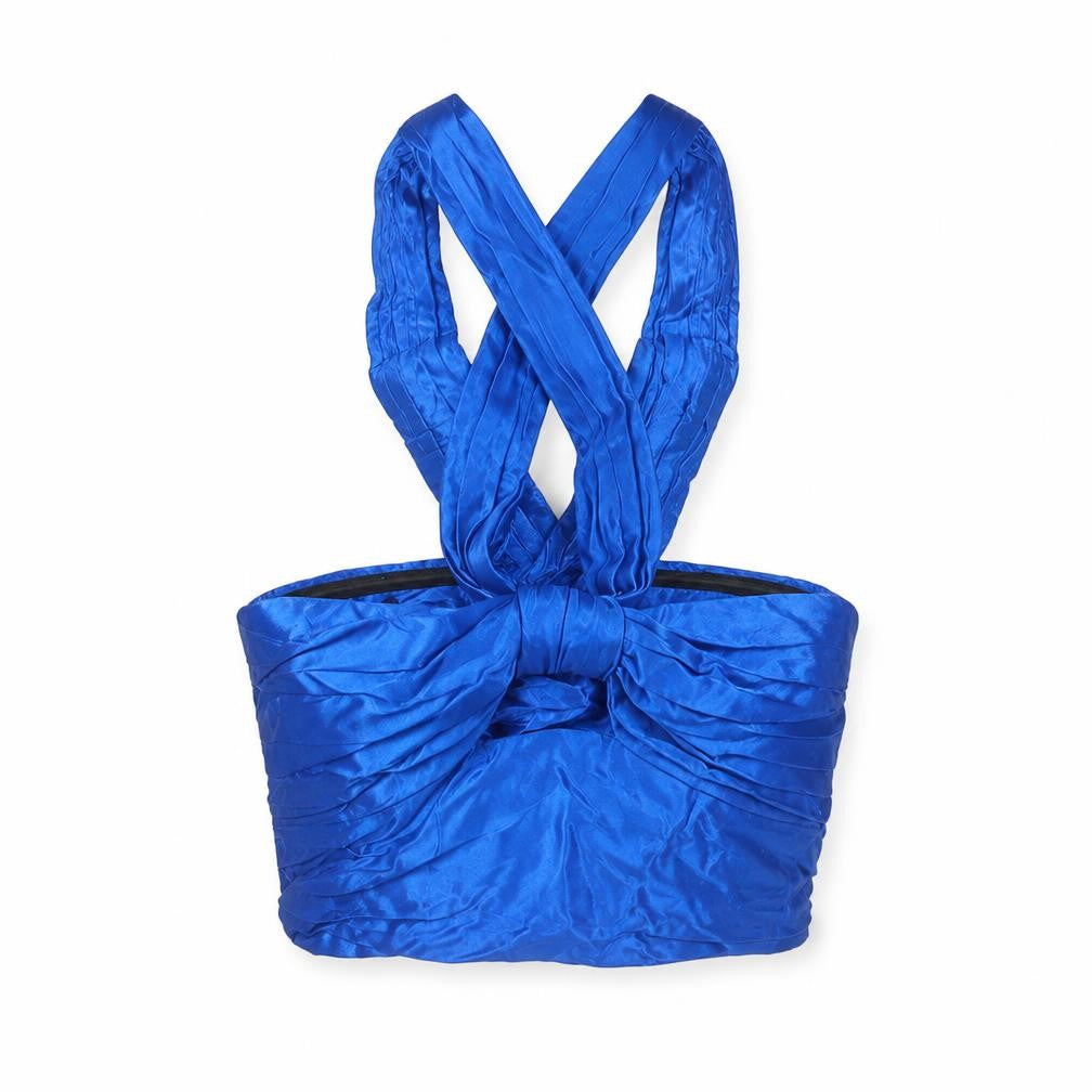 Front view of Zara Women Blue Wrap Satin Sleeveless Bow Blouse, size S