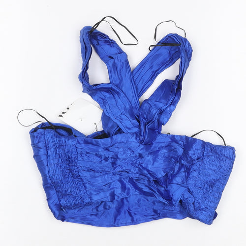 ZARA Women Blue Wrap Satin Sleeveless Bow Blouse Size S