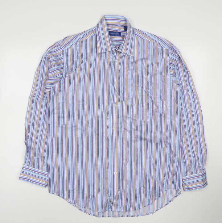 Peter England Men's Blue Striped Long Sleeve Cotton Blend Shirt 16in Collar