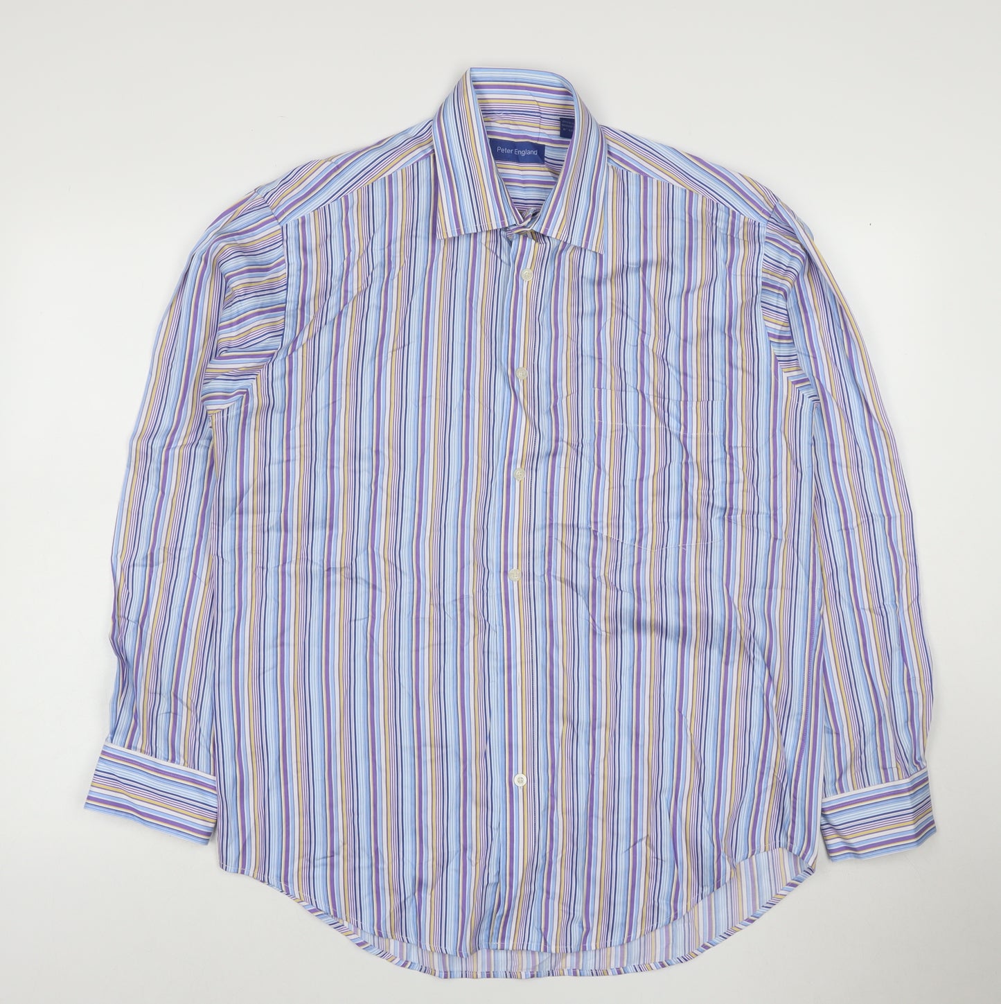 Peter England Men's Blue Striped Long Sleeve Cotton Blend Shirt 16in Collar