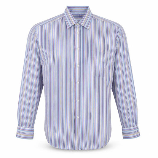 Front view of Peter England Men's Blue Striped Long Sleeve Cotton Blend Shirt 16in Collar