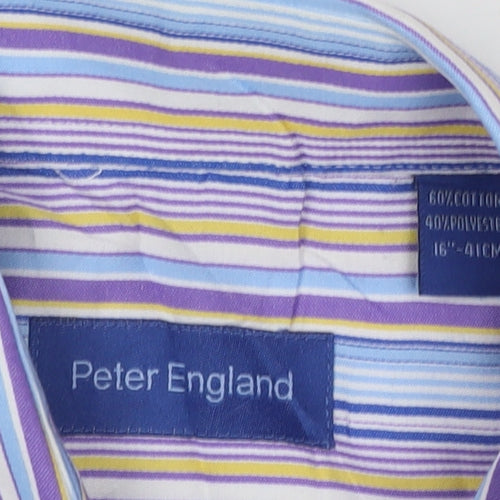 Peter England Men's Blue Striped Long Sleeve Cotton Blend Shirt 16in Collar