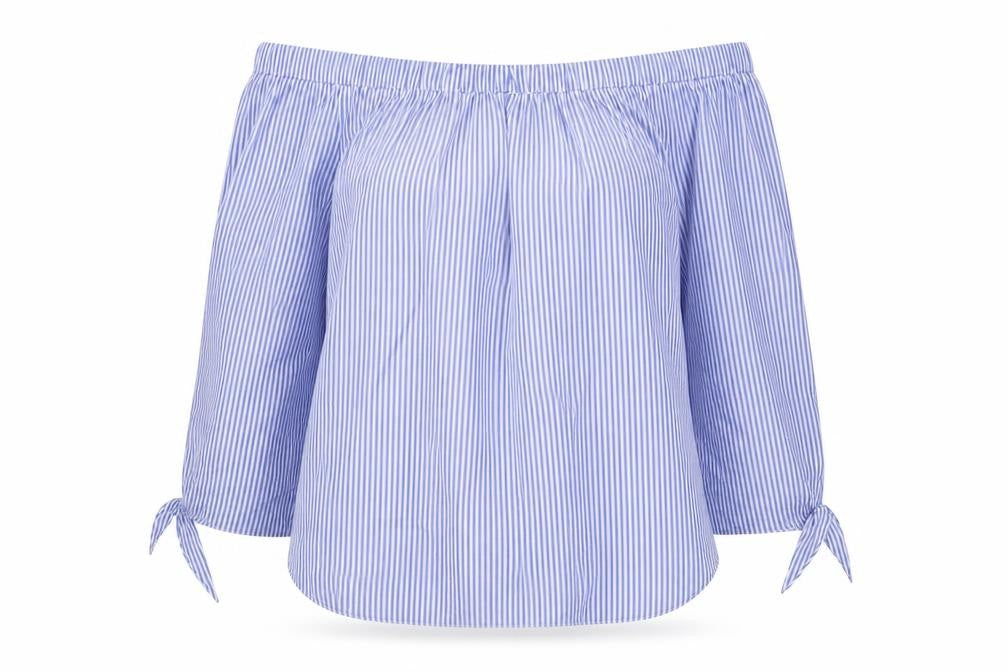 Front view of River Island Women Blue Striped Off Shoulder Blouse, size 12