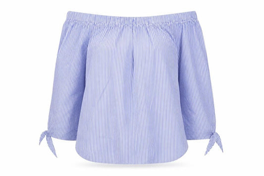 Front view of River Island Women Blue Striped Off Shoulder Blouse, size 12