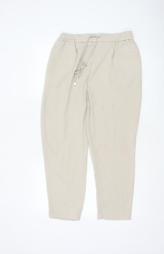 Zara Women Beige Cropped Trousers Size 12 Polyester Drawstring Waist