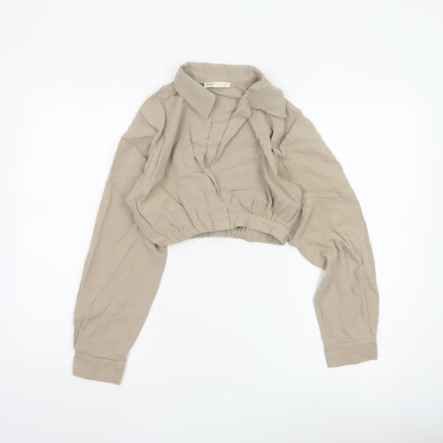 Pull&Bear Women’s Beige Cropped Collared Blouse XS Linen Blend