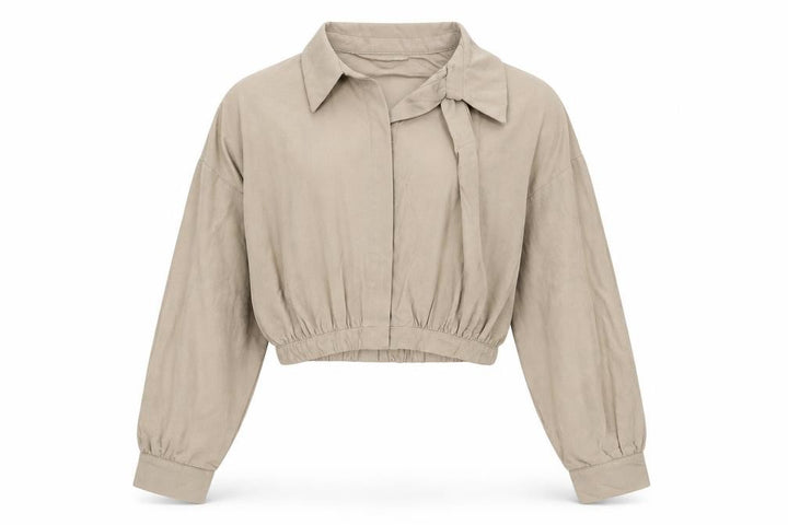 Pull&Bear Women’s Beige Cropped Collared Blouse XS Linen Blend