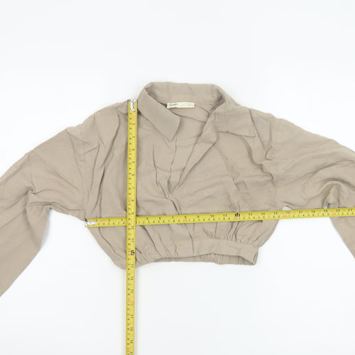 Pull&Bear Women’s Beige Cropped Collared Blouse XS Linen Blend