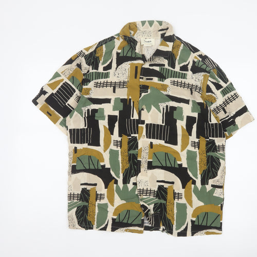 Pull & Bear Men's Multicoloured Geometric Short Sleeve Viscose Shirt L