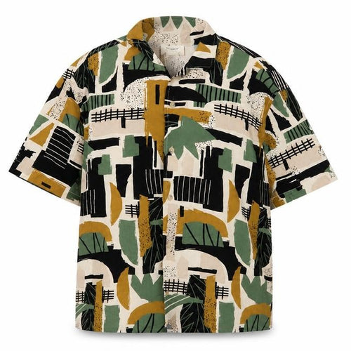 Pull&Bear Men's Multicoloured Geometric Short Sleeve Viscose Shirt L