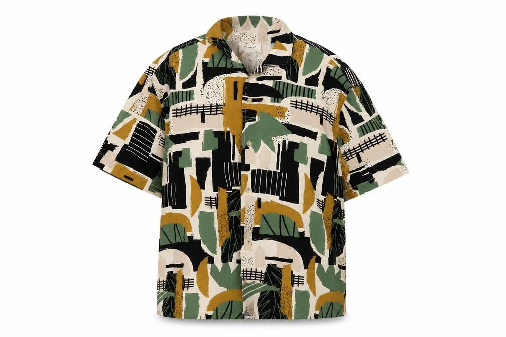 Pull&Bear Men's Multicoloured Geometric Short Sleeve Viscose Shirt L